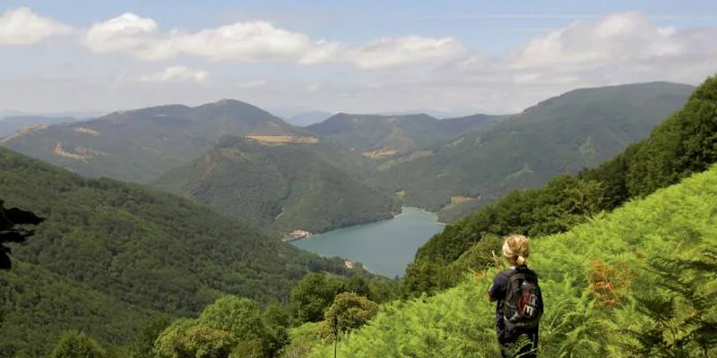 Niña admira el paisaje verde de montañas y embalse en Navarra