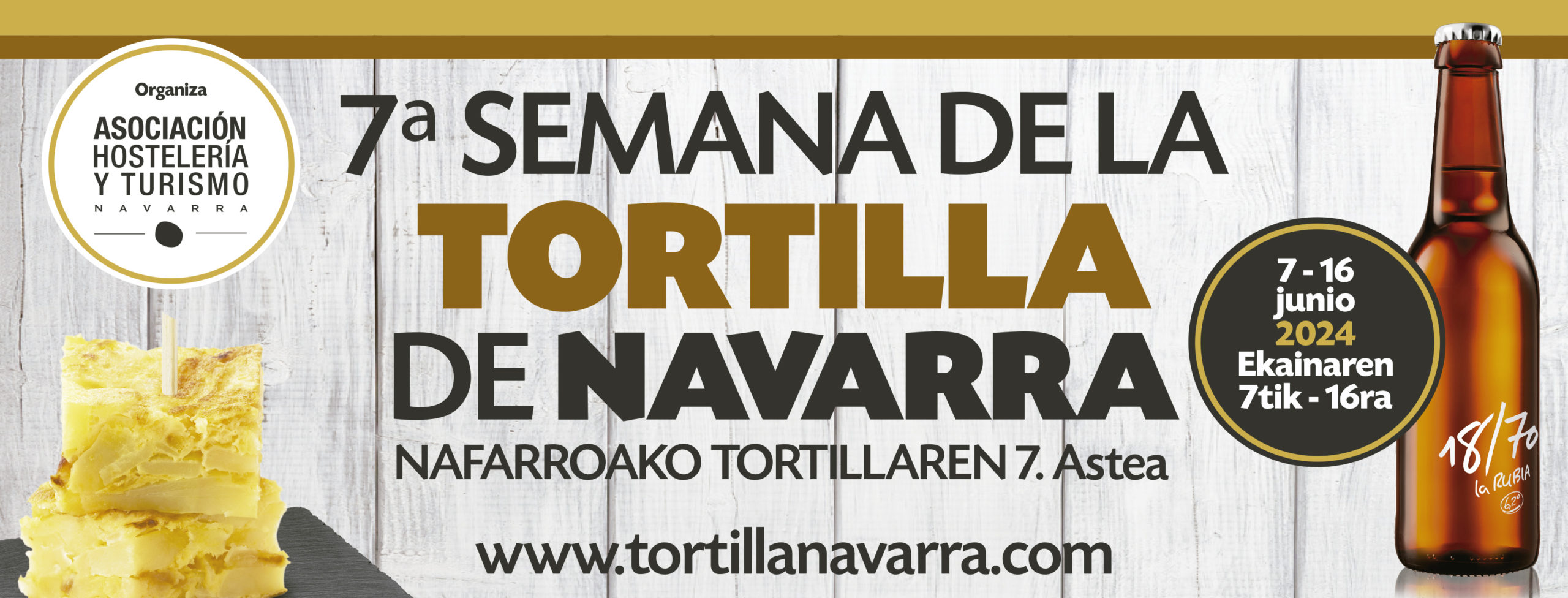 Cabecera publicitaria 7ª Semana de la Tortilla Navarra, fechas y web. Euskera y Castellano